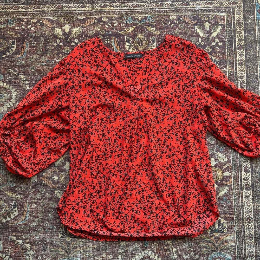 Black and Red V-Neck Puff Sleeve Blouse